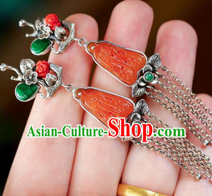 Handmade China National Cheongsam Earrings Agate Eardrop Accessories Traditional Silver Plum Tassel Jewelry