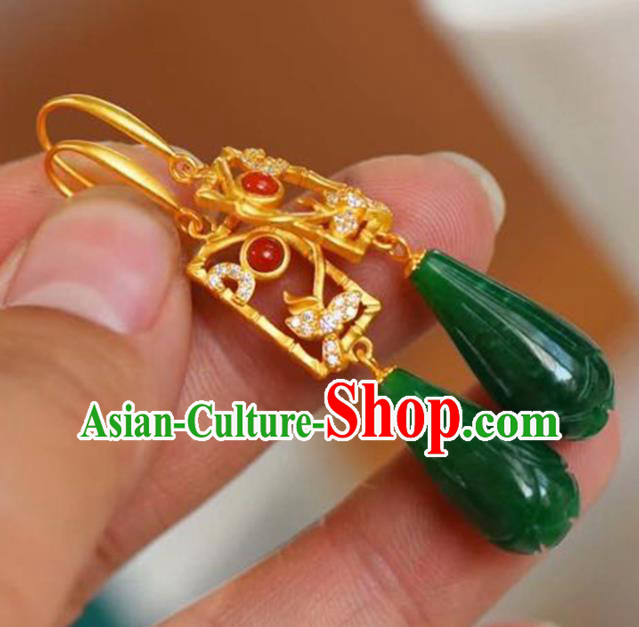 Handmade China Golden Eardrop Accessories National Cheongsam Earrings Traditional Jade Jewelry