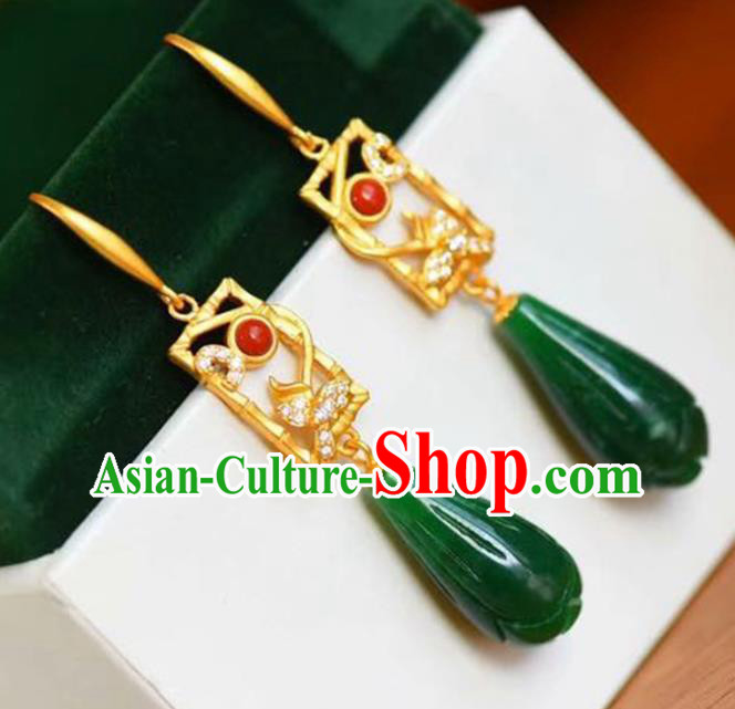 Handmade China Golden Eardrop Accessories National Cheongsam Earrings Traditional Jade Jewelry