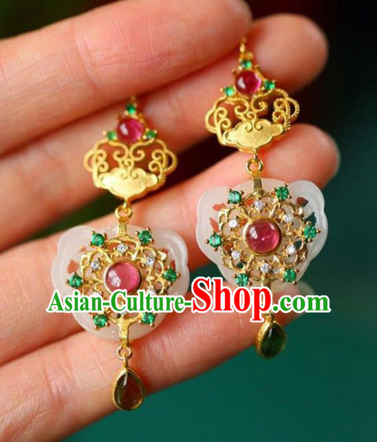 Handmade China Tourmaline Eardrop Accessories Traditional Jewelry National Cheongsam Jade Lock Earrings