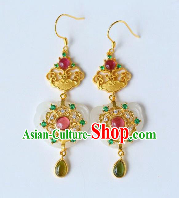Handmade China Tourmaline Eardrop Accessories Traditional Jewelry National Cheongsam Jade Lock Earrings