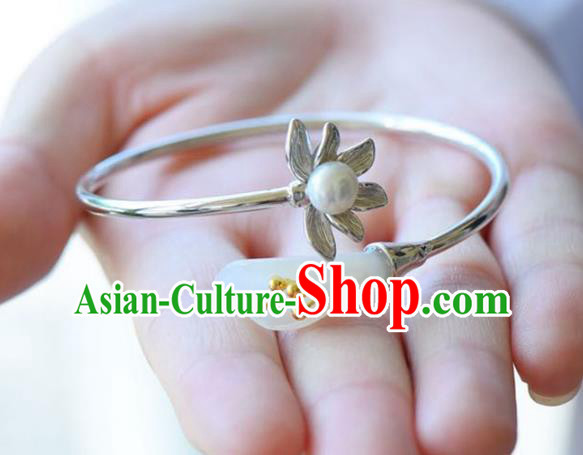 China Handmade Silver Pearl Bracelet Traditional Jewelry Accessories National Jade Mangnolia Bangle