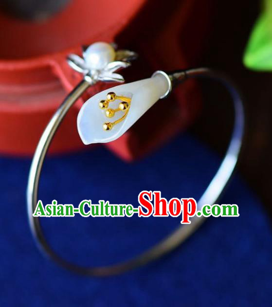 China Handmade Silver Pearl Bracelet Traditional Jewelry Accessories National Jade Mangnolia Bangle