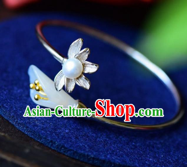China Handmade Silver Pearl Bracelet Traditional Jewelry Accessories National Jade Mangnolia Bangle