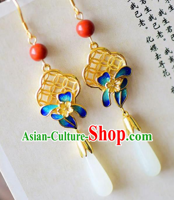Handmade China Eardrop Accessories Traditional Jewelry National Cheongsam Blueing Flower Earrings