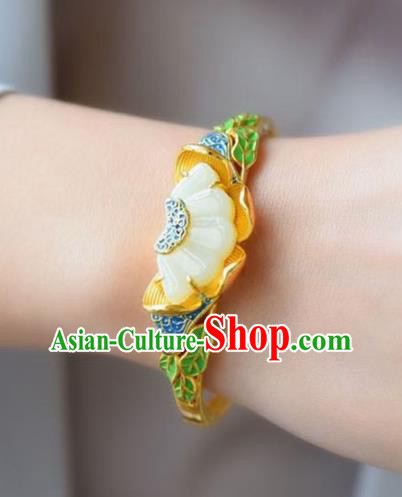 China Handmade Golden Bracelet Traditional Jewelry Accessories National Blueing Jade Lotus Bangle