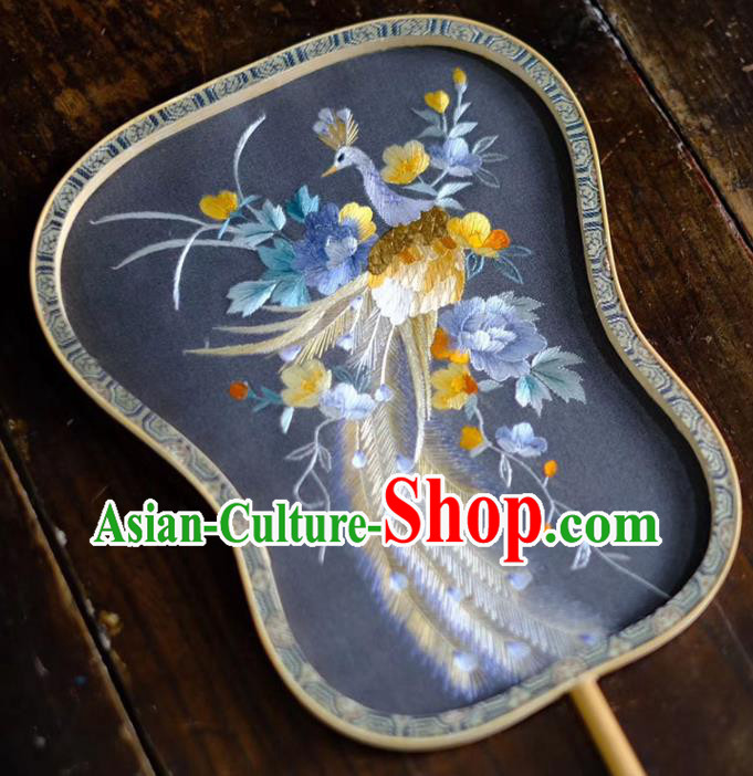 Chinese Traditional Silk Fans Handmade Embroidered Peacock Peony Palace Fan