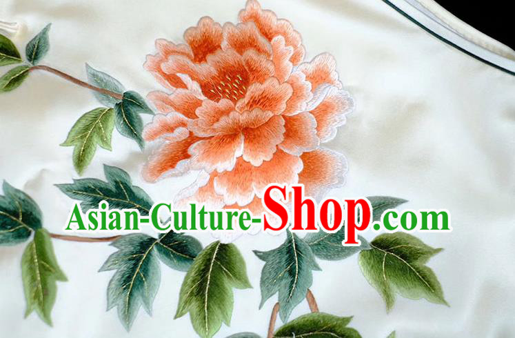 Chinese Traditional Beige Silk Waistcoat Costume Embroidered Peony Vest Upper Outer Garment