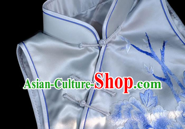 Chinese Embroidered Peony Vest Upper Outer Garment Traditional White Silk Waistcoat Costume
