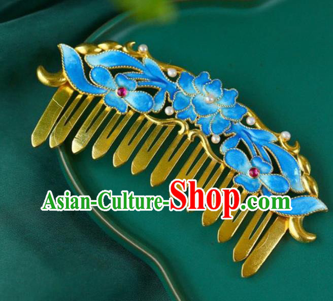 Chinese Traditional Cloisonne Lotus Hairpin Handmade Ancient Qing Dynasty Court Pearls Hair Comb