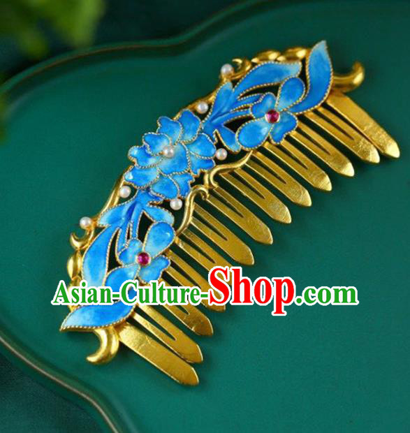 Chinese Traditional Cloisonne Lotus Hairpin Handmade Ancient Qing Dynasty Court Pearls Hair Comb