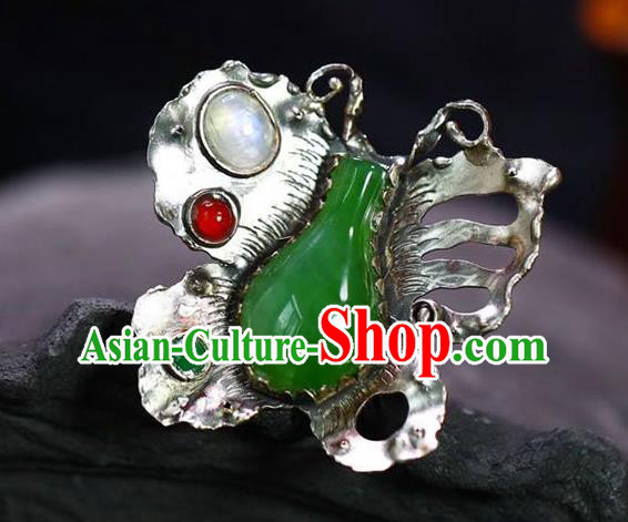 Chinese National Silver Butterfly Ring Jewelry Traditional Handmade Gems Circlet Jade Accessories