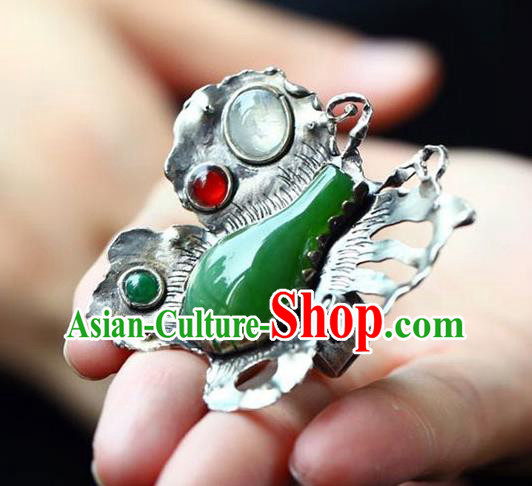Chinese National Silver Butterfly Ring Jewelry Traditional Handmade Gems Circlet Jade Accessories