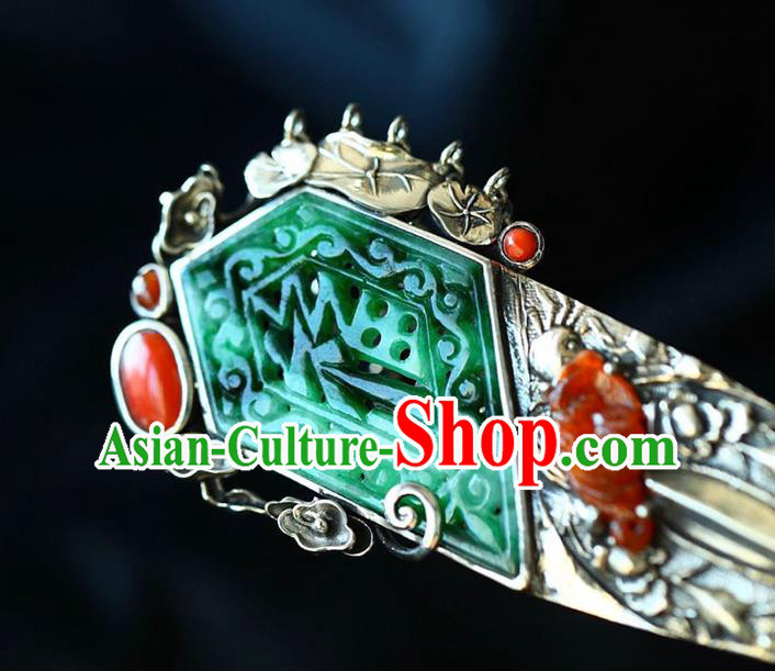 Chinese National Silver Hair Jewelry Traditional Handmade Jade Hair Accessories Tassel Hairpin