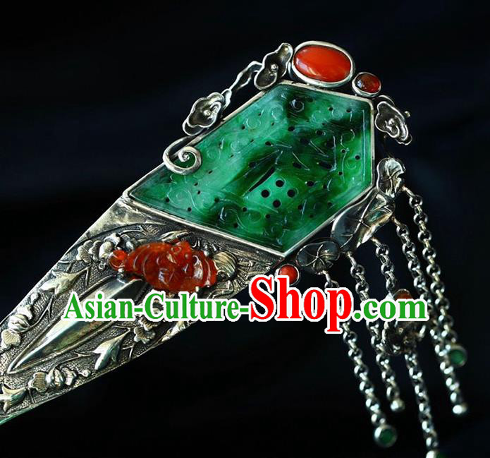 Chinese National Silver Hair Jewelry Traditional Handmade Jade Hair Accessories Tassel Hairpin