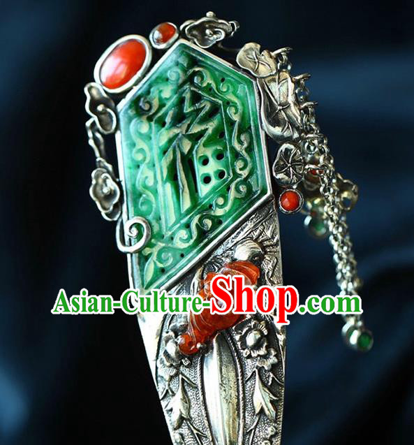 Chinese National Silver Hair Jewelry Traditional Handmade Jade Hair Accessories Tassel Hairpin
