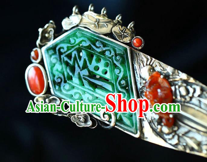Chinese National Silver Hair Jewelry Traditional Handmade Jade Hair Accessories Tassel Hairpin