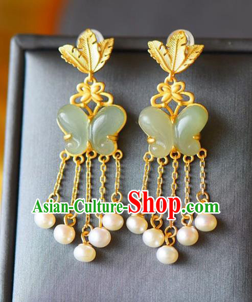 Handmade China National Jade Butterfly Earrings Traditional Jewelry Cheongsam Pearls Tassel Eardrop Accessories