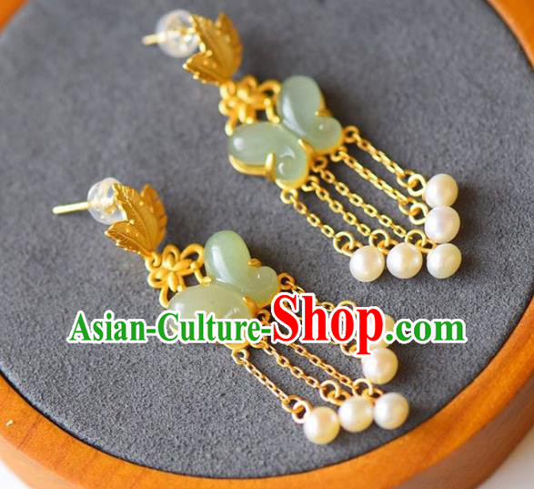 Handmade China National Jade Butterfly Earrings Traditional Jewelry Cheongsam Pearls Tassel Eardrop Accessories