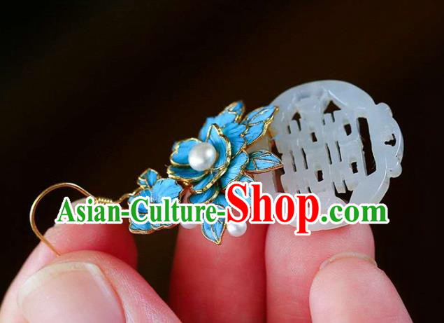 Handmade China Wedding Pearls Eardrop Accessories Jade Jewelry Traditional Cheongsam Blue Peony Earrings