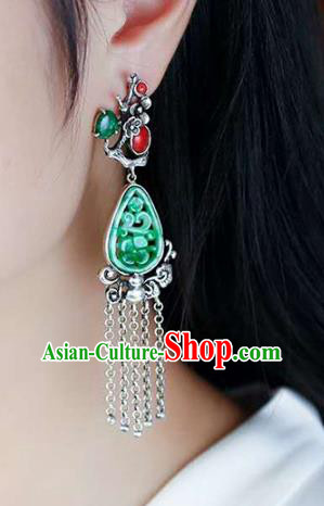 Handmade China Silver Plum Eardrop Accessories Traditional Jade Jewelry National Cheongsam Tassel Earrings