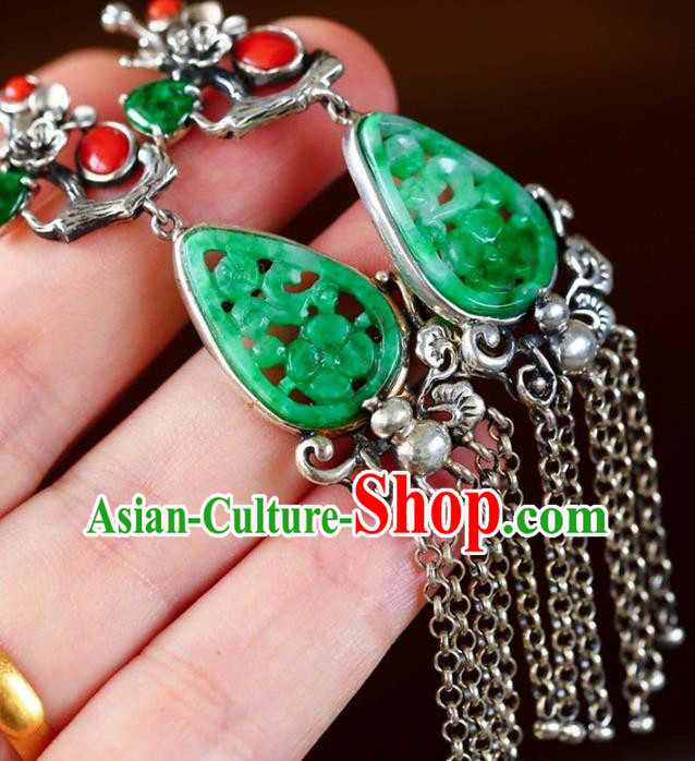 Handmade China Silver Plum Eardrop Accessories Traditional Jade Jewelry National Cheongsam Tassel Earrings