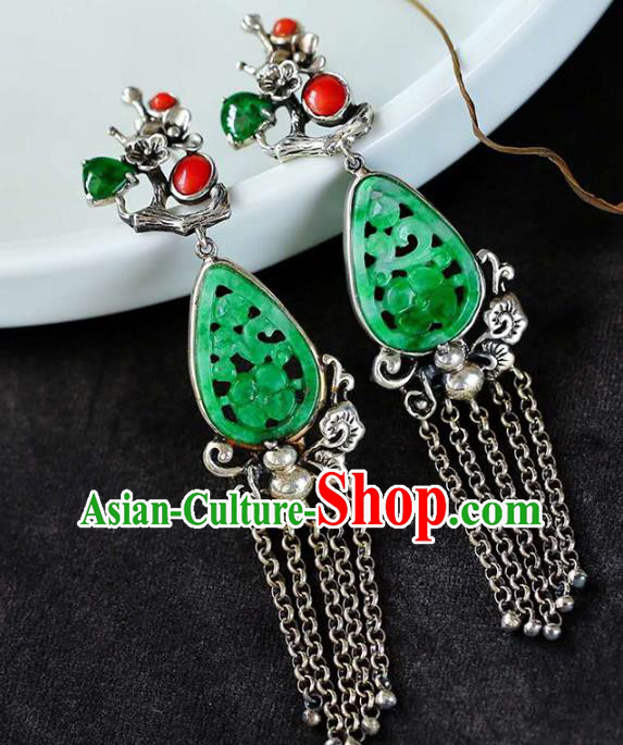 Handmade China Silver Plum Eardrop Accessories Traditional Jade Jewelry National Cheongsam Tassel Earrings
