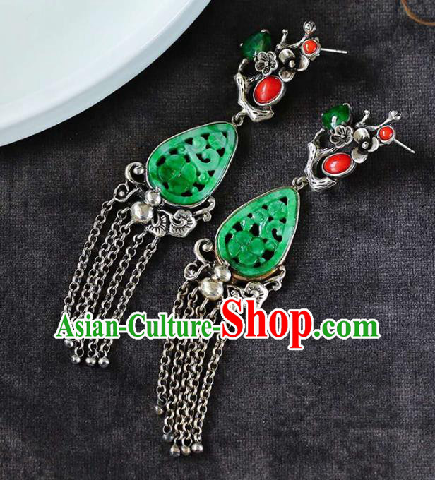 Handmade China Silver Plum Eardrop Accessories Traditional Jade Jewelry National Cheongsam Tassel Earrings