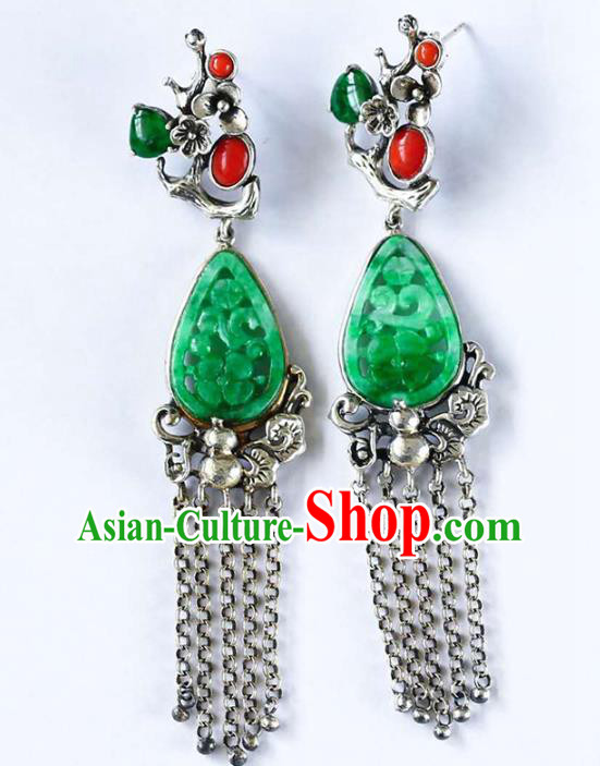 Handmade China Silver Plum Eardrop Accessories Traditional Jade Jewelry National Cheongsam Tassel Earrings
