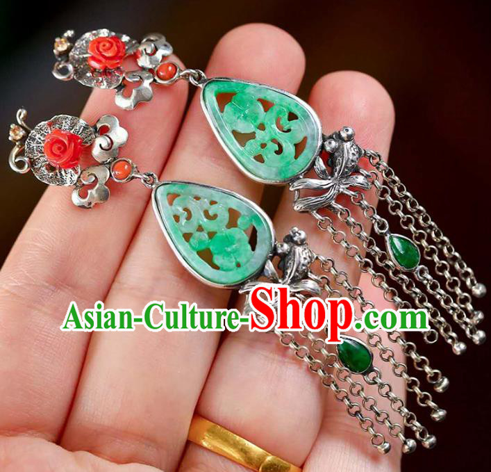 Handmade China National Cheongsam Silver Tassel Earrings Jade Eardrop Accessories Traditional Jewelry