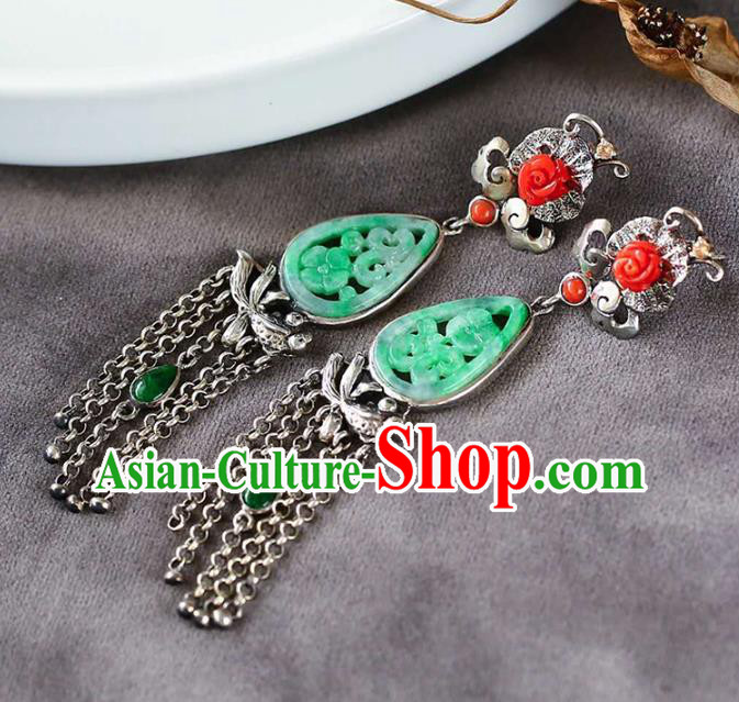 Handmade China National Cheongsam Silver Tassel Earrings Jade Eardrop Accessories Traditional Jewelry