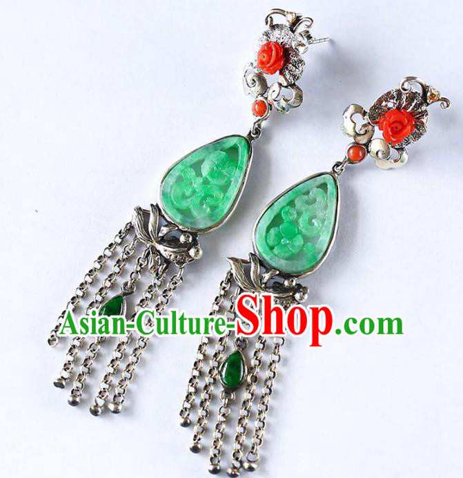 Handmade China National Cheongsam Silver Tassel Earrings Jade Eardrop Accessories Traditional Jewelry