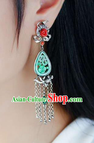 Handmade China National Cheongsam Silver Tassel Earrings Jade Eardrop Accessories Traditional Jewelry