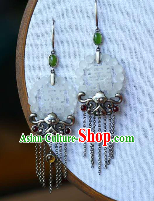 Handmade China Jade Eardrop Accessories National Cheongsam Silver Tassel Earrings Traditional Wedding Jewelry