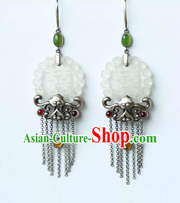 Handmade China Jade Eardrop Accessories National Cheongsam Silver Tassel Earrings Traditional Wedding Jewelry