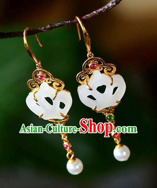 Handmade China Traditional Jewelry National Cheongsam Jade Earrings Golden Crown Eardrop Accessories