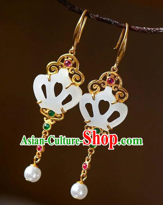 Handmade China Traditional Jewelry National Cheongsam Jade Earrings Golden Crown Eardrop Accessories