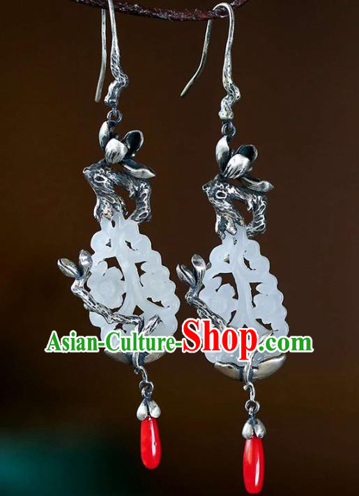 Handmade China Traditional Jade Eardrop Accessories Jewelry National Cheongsam Silver Mangnolia Earrings