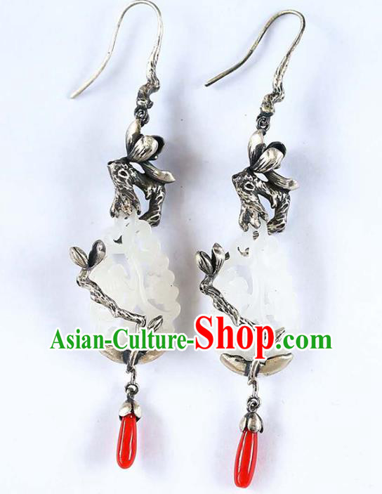 Handmade China Traditional Jade Eardrop Accessories Jewelry National Cheongsam Silver Mangnolia Earrings