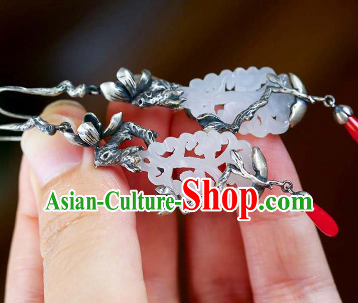 Handmade China Traditional Jade Eardrop Accessories Jewelry National Cheongsam Silver Mangnolia Earrings