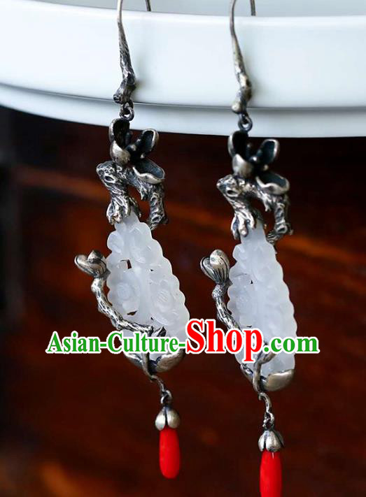 Handmade China Traditional Jade Eardrop Accessories Jewelry National Cheongsam Silver Mangnolia Earrings