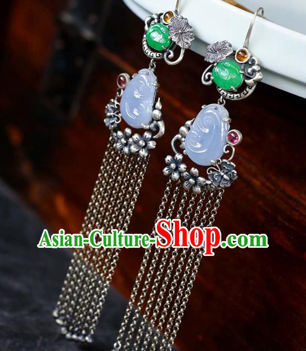Handmade China Traditional Jade Eardrop Accessories National Cheongsam Silver Tassel Earrings Jewelry