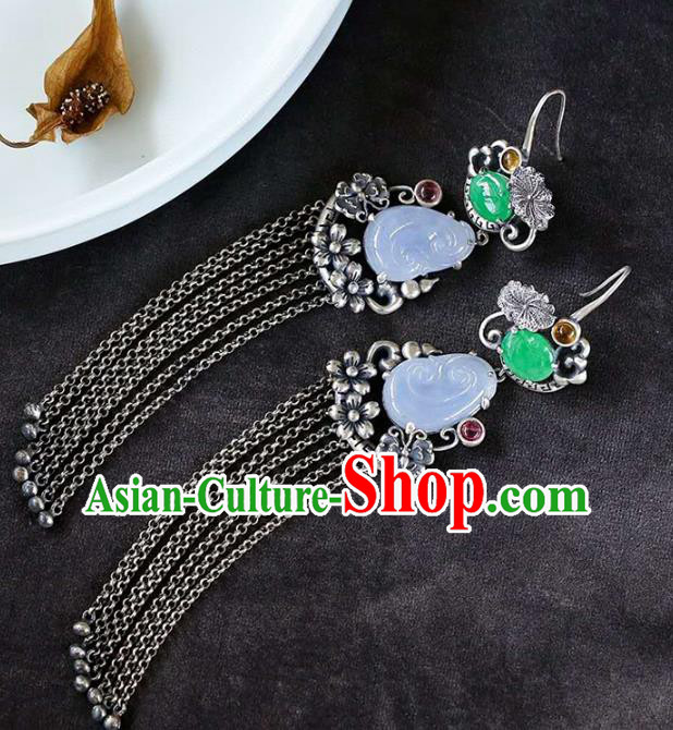 Handmade China Traditional Jade Eardrop Accessories National Cheongsam Silver Tassel Earrings Jewelry
