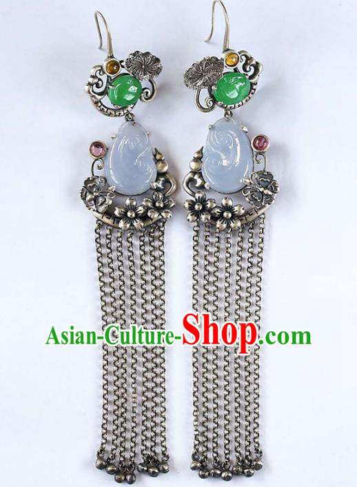 Handmade China Traditional Jade Eardrop Accessories National Cheongsam Silver Tassel Earrings Jewelry
