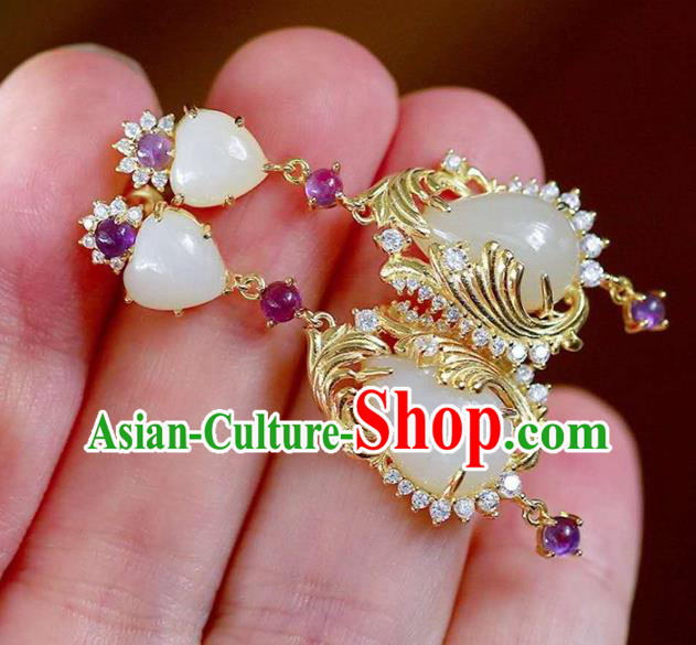 Handmade China Traditional Amethyst Eardrop Accessories National Cheongsam Golden Phoenix Earrings Jewelry