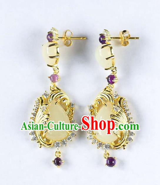 Handmade China Traditional Amethyst Eardrop Accessories National Cheongsam Golden Phoenix Earrings Jewelry