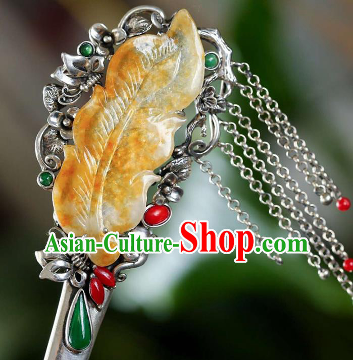 Chinese National Jade Jewelry Traditional Handmade Hair Accessories Silver Tassel Hairpin