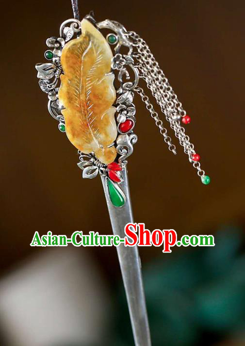 Chinese National Jade Jewelry Traditional Handmade Hair Accessories Silver Tassel Hairpin