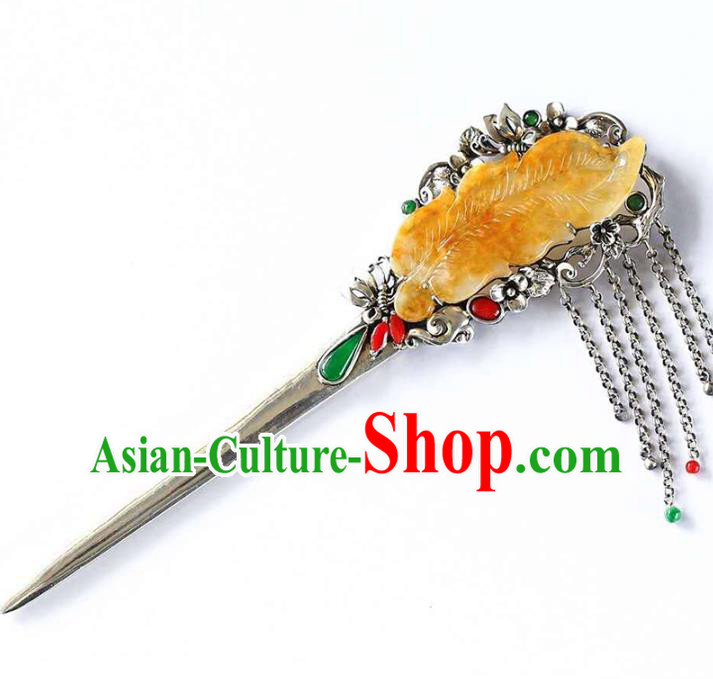 Chinese National Jade Jewelry Traditional Handmade Hair Accessories Silver Tassel Hairpin