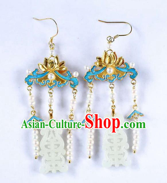 Handmade China Traditional Lotus Eardrop Accessories National Jade Jewelry Cheongsam Pearls Tassel Earrings